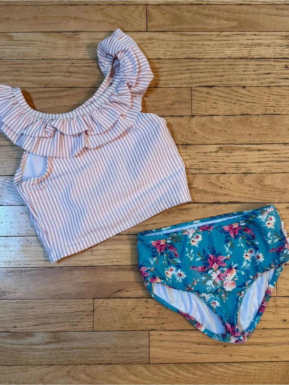 Ruffle Butts Swimsuit Pink Stripe Ruffle Tankini Top with Blue Floral Bottoms 10